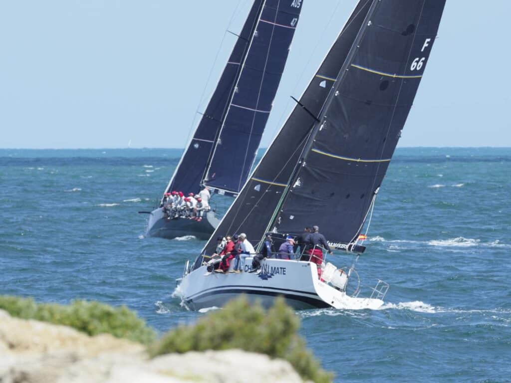 Checkmate sails on a windy day, beating upwind near shore.