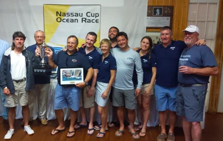 KENAI’s crew at at the 2019 awards ceremony in Nassau. In 2018, KENAI was first in class and in 2017 they were first overall in the Miami Nassau Cup. Owners Chris and Karen Lewis are third and fifth from the left.