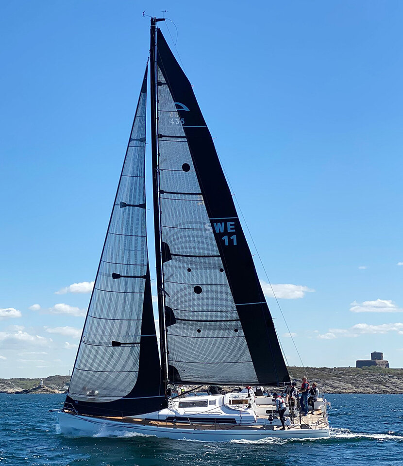 An Arcona 435 with a partial taffeta layer up the leech of the main and just on the lower leech and foot of the jib. Peter Gustafsson photo/blur.se