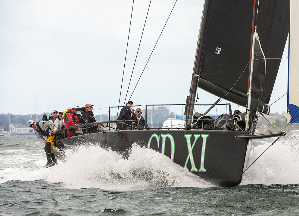 Andrew and Linda Weiss’s Fast 40+ CHRISTOPHER DRAGON hit speeds up to 24 knots flying out of Newport Harbor last summer in the 2020 Ida Lewis Distance Race. Her main is the latest generation Titanium construction. photoboat.com image.