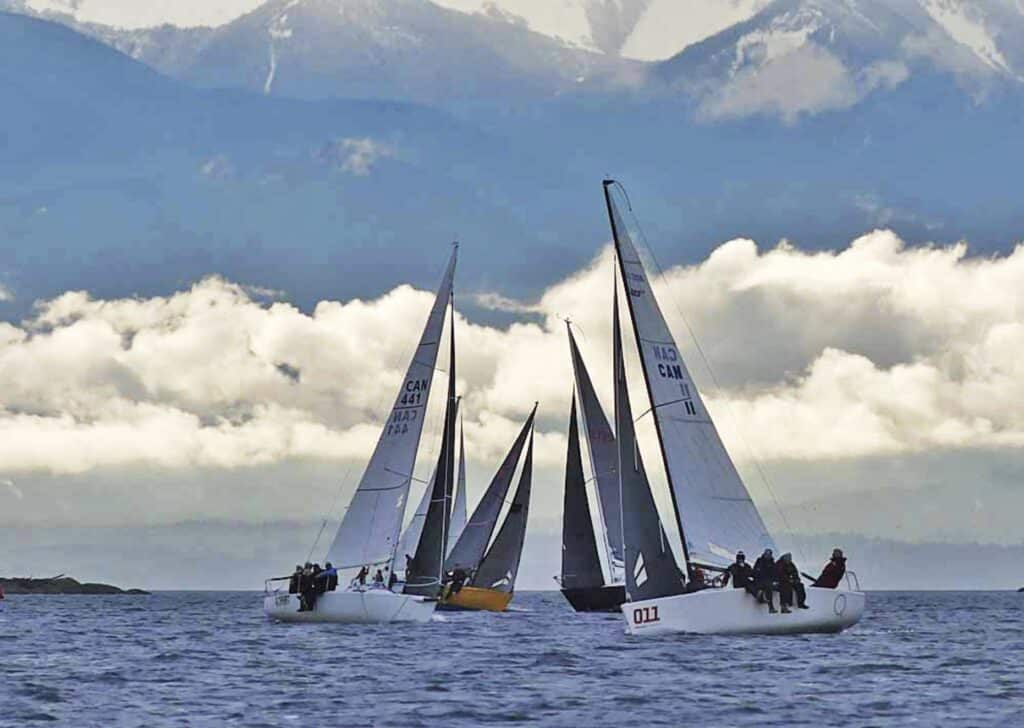 Imminent crossings for multiple PHRF racing boats. Photo credit: Andrew Madding