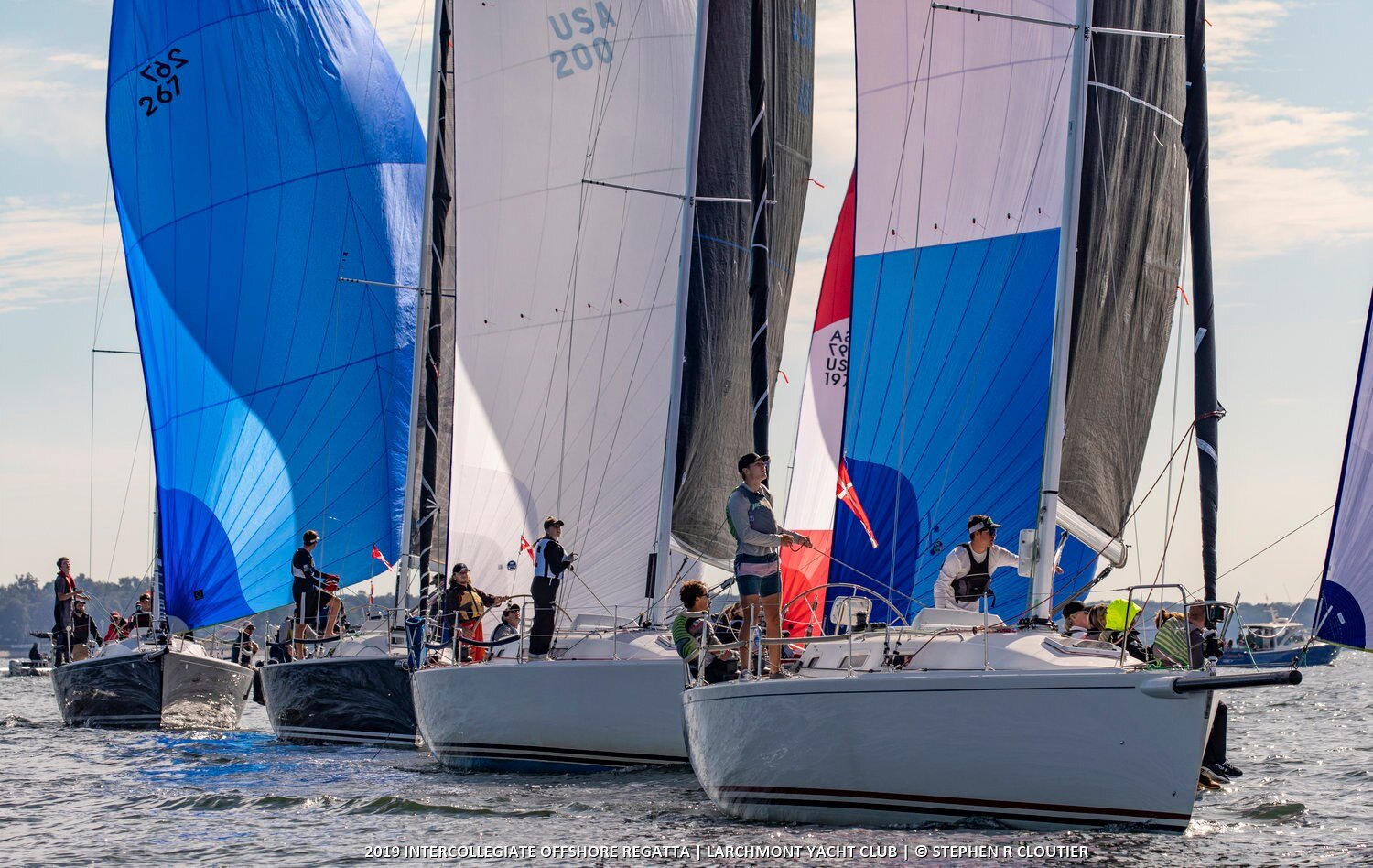 Jacksonville University leading a tight pack of J/109s in the 2019 Intercollegiate Offshore Regatta.  Stephen R. Cloutier photo