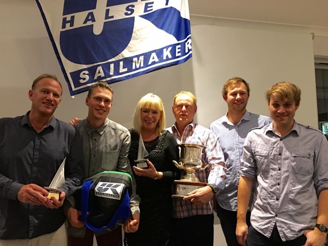 The crew of ITINERANT hauling away the trophies at the Farr 9.2 WA State Championship.