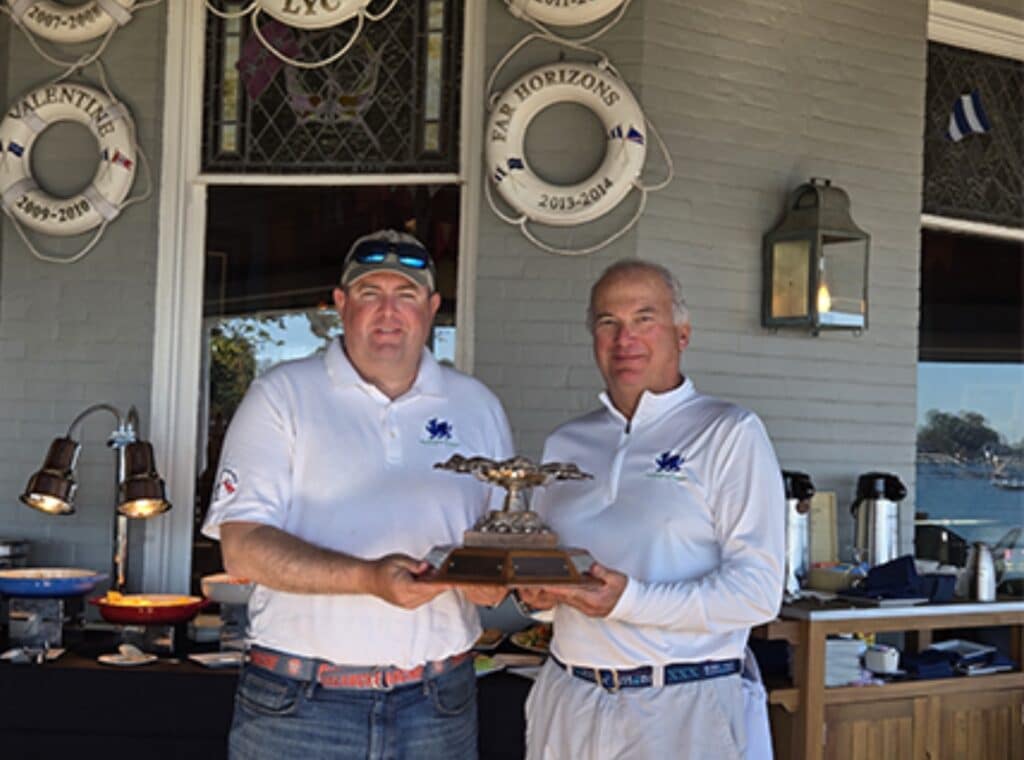 Colin Fitzpatrick & Andrew Weiss won this year’s Bitter Ender sailing Weiss’ 29’ J/88, ONE TOO MANY. Photo by Cynthia Parthemos.