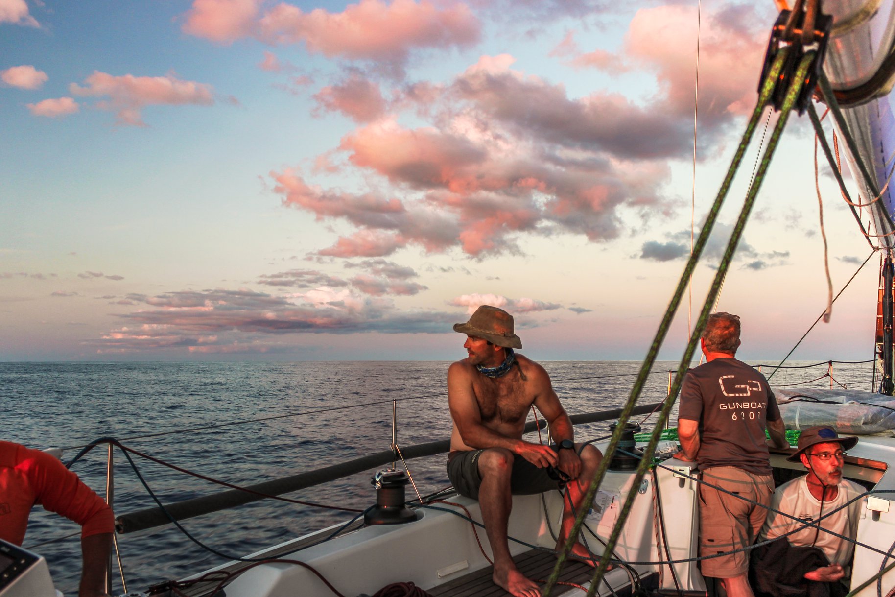 Left: SUMMER STORM in the 2018 Stamford-Vineyard Race; Kevin Dailey photo. Above: scenes during the 2018 Bermuda Race on SUMMER STORM. Top by Eric Irwin, above by Josh Reisberg.