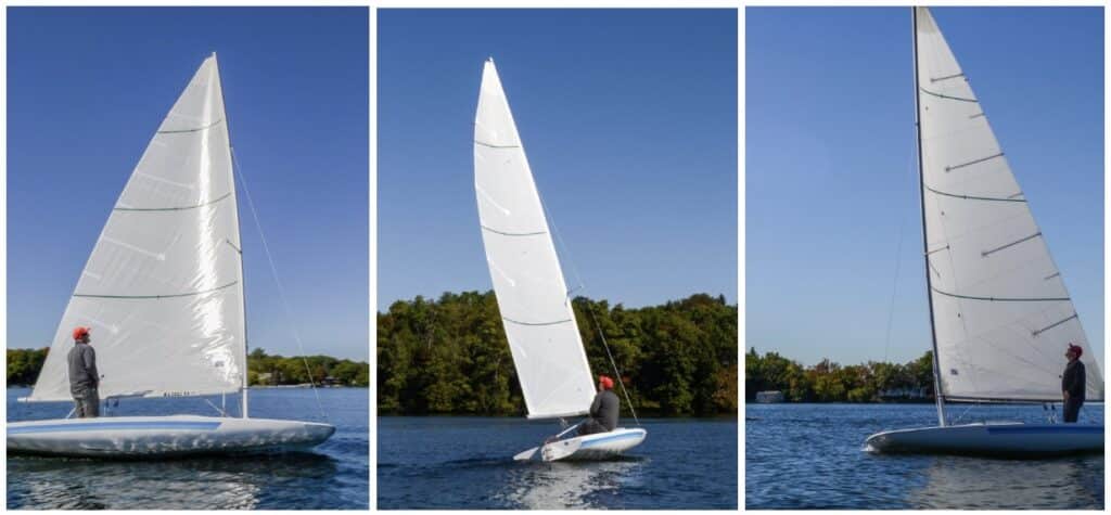 On-water testing MC Scow prototype sail.