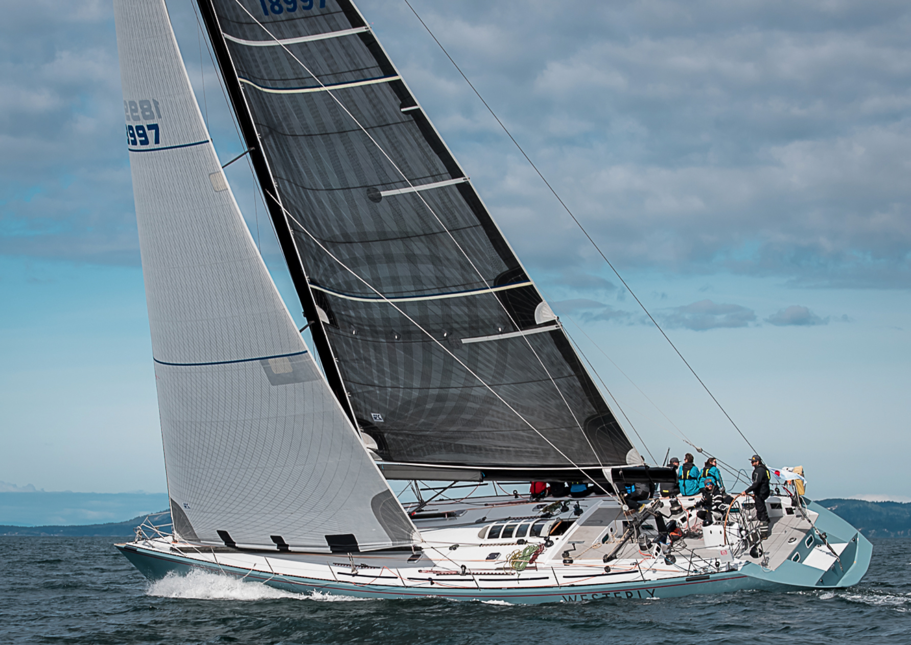 The Santa Cruz 70 WESTERLY going upwind with her X-Drive main and Tape-Drive No. 2 genoa. A big boat makes a great test platform for sails.