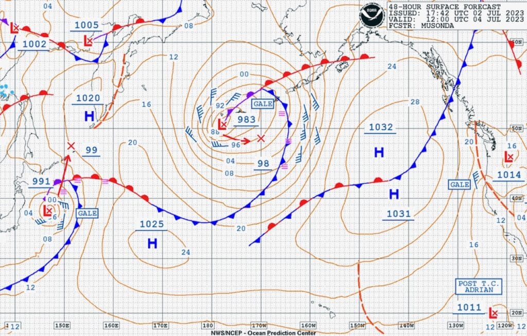 Graphic depicting a 48-hour OPC surface analysis report of various fronts in the region.