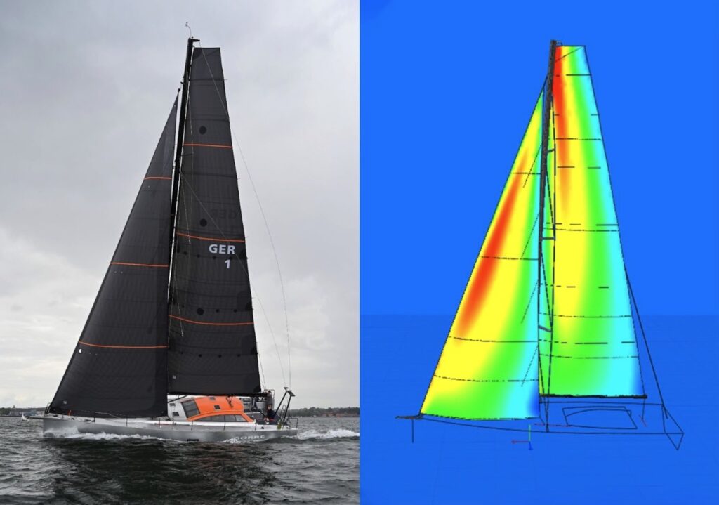 Berckemeyer BM49 (Photo credit: Irk Boockhoff) side-by-side with a Fluid–Structure Interaction (FSI) pressure-map of the designed X-Drive Carbon sails sailing in upwind in 12kts true wind speed.