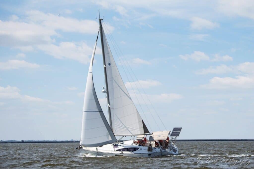 Terry Sculac, 2023 Navigator class champion, racing NAUTI-LASS, a Jenneau 45 at the Keyworth Yacht Club. Photographer Credit: Ivy Dash Photography.