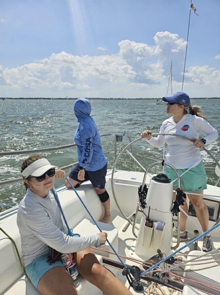 Meghan Pesch Mutlu at the helm of J/105 BON BON during the Mermaid Regatta.