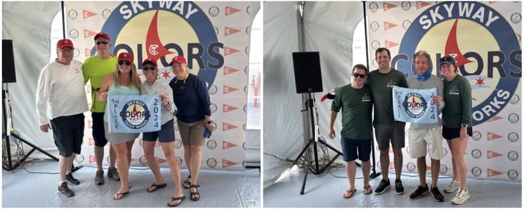 THE FLYING PIG crew (left) and the NYCTOSAUR crew (right) at the 2024 Columbia Yacht Club COLORS Regatta awards ceremony. Photo by J/105 Fleet 5 Chicago.