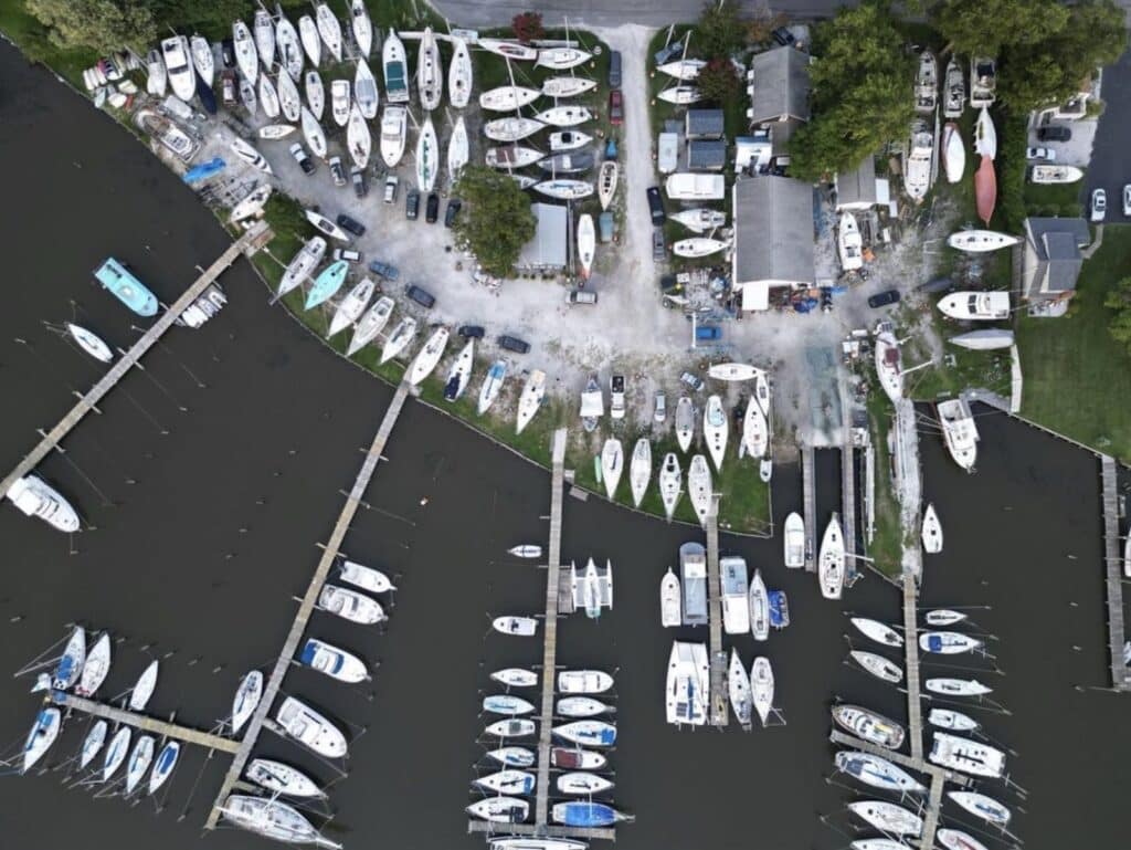 Aerial image of the UK Sailmakers Chesapeake location at Young's Boat Yard in Baltimore, situated right in the heart of the Chesapeake Bay.