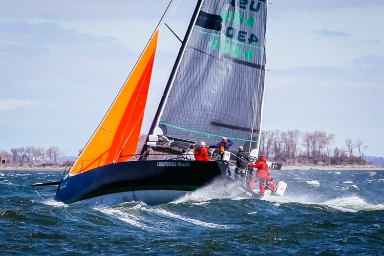 Sailing in 40 knots of wind with the storm jib and two reefs.