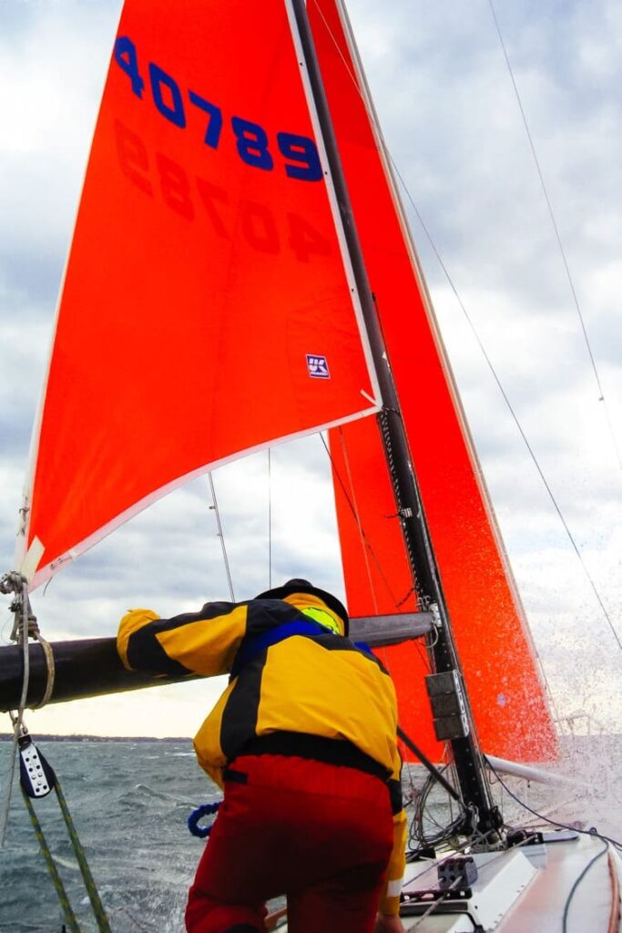 When the trysail’s clew is attached to the boom, the main sheet can be used to trim the sail.